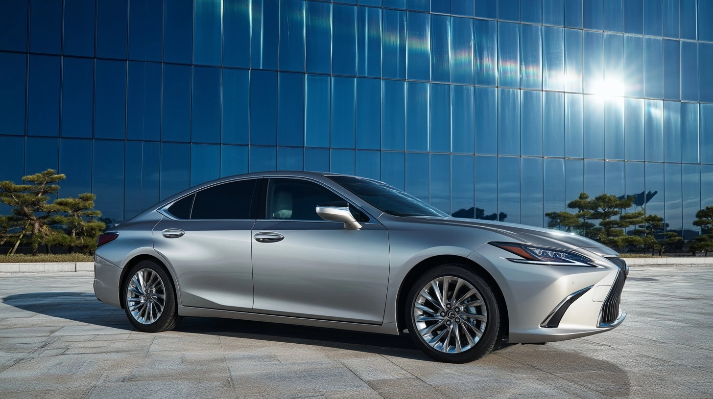 A silver 2026 Lexus ES parked in front of a tall modern glass curtain-wall building