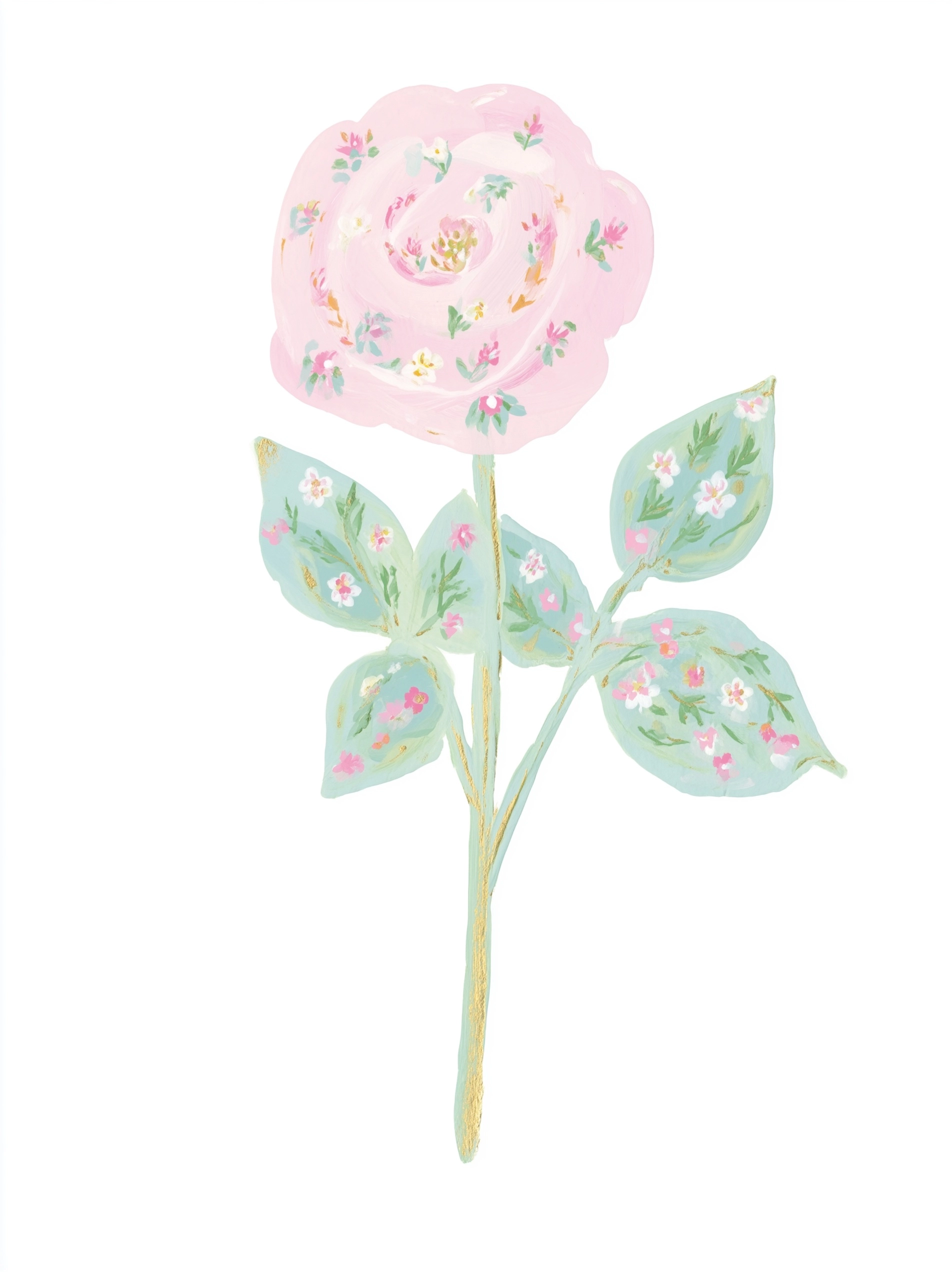 A simple and clean flat gouache watercolor illustration of a single stem garden rose with leaves