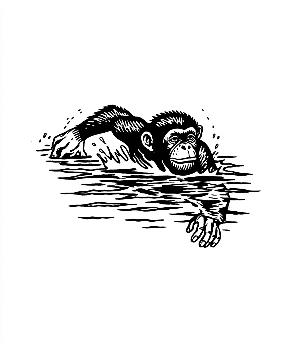 A simple black and white tattoo flash of a monkey swimming in water, only head, arms
