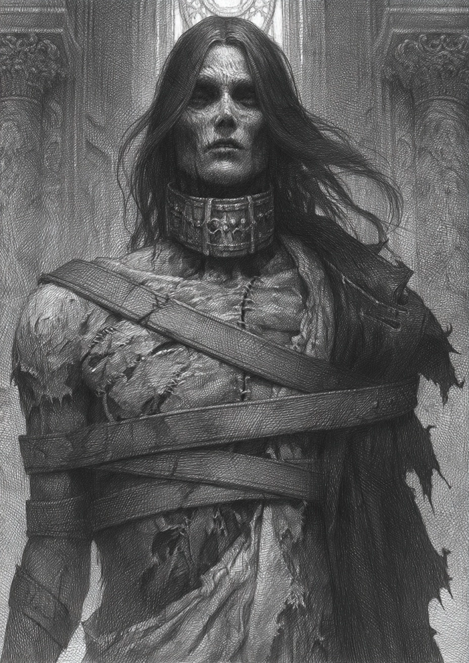 Black and white graphite drawing of a male test subject from Umgalade, fortress island prison