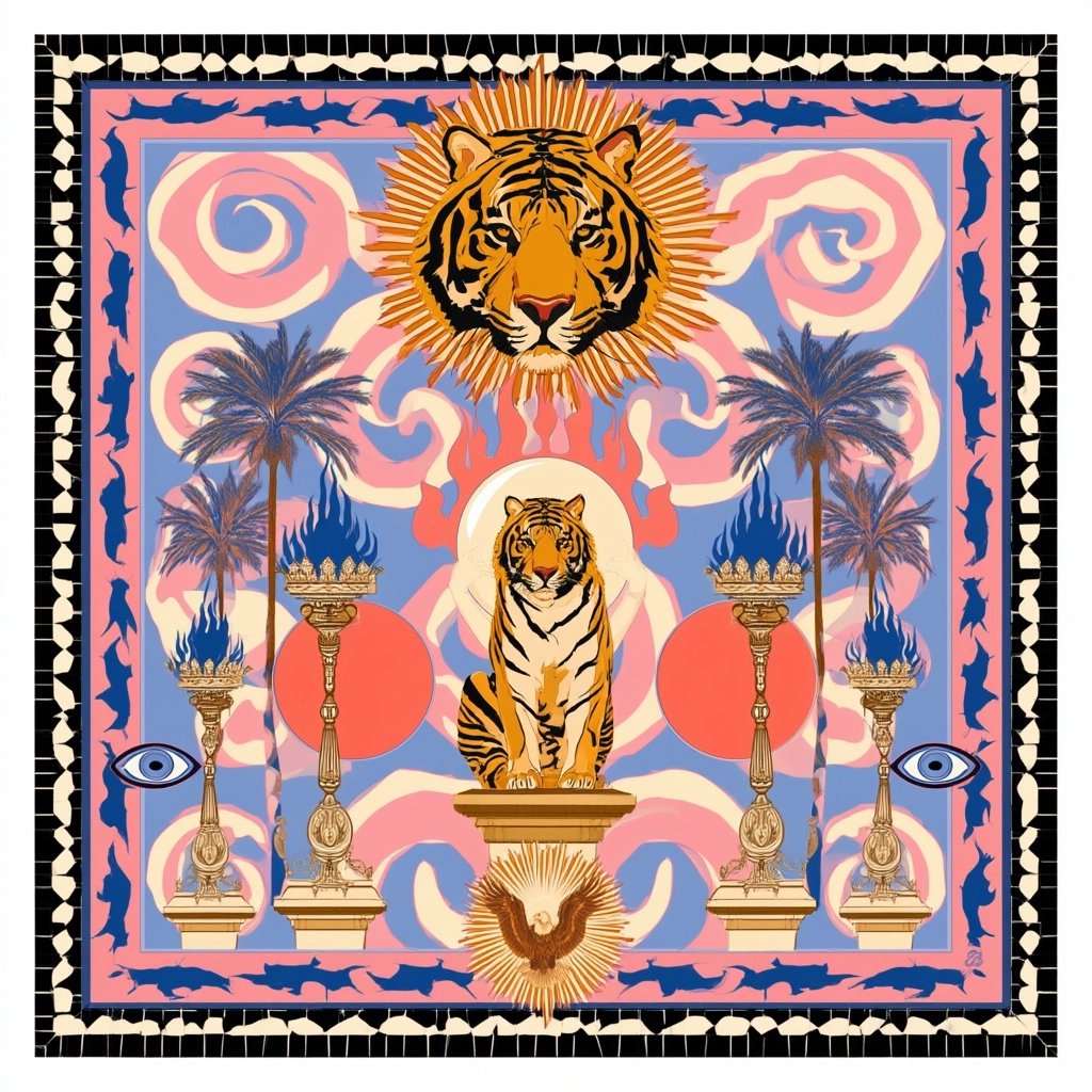 A square luxury silk scarf centered on a majestic tiger in a bold psychedelic folk art composition.