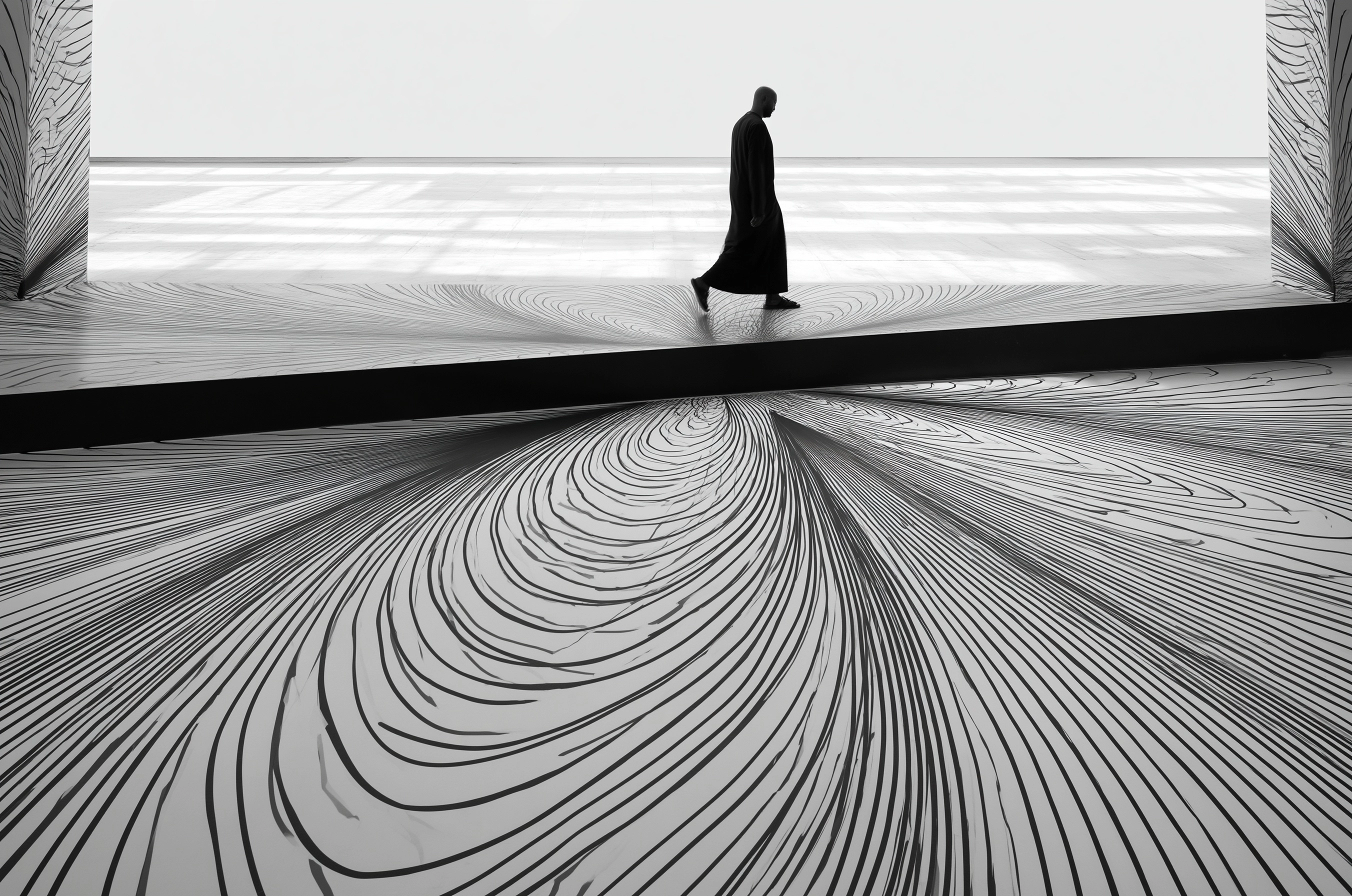 Black and white photograph of an arabic man walking on the edge of an enormous abstract pattern