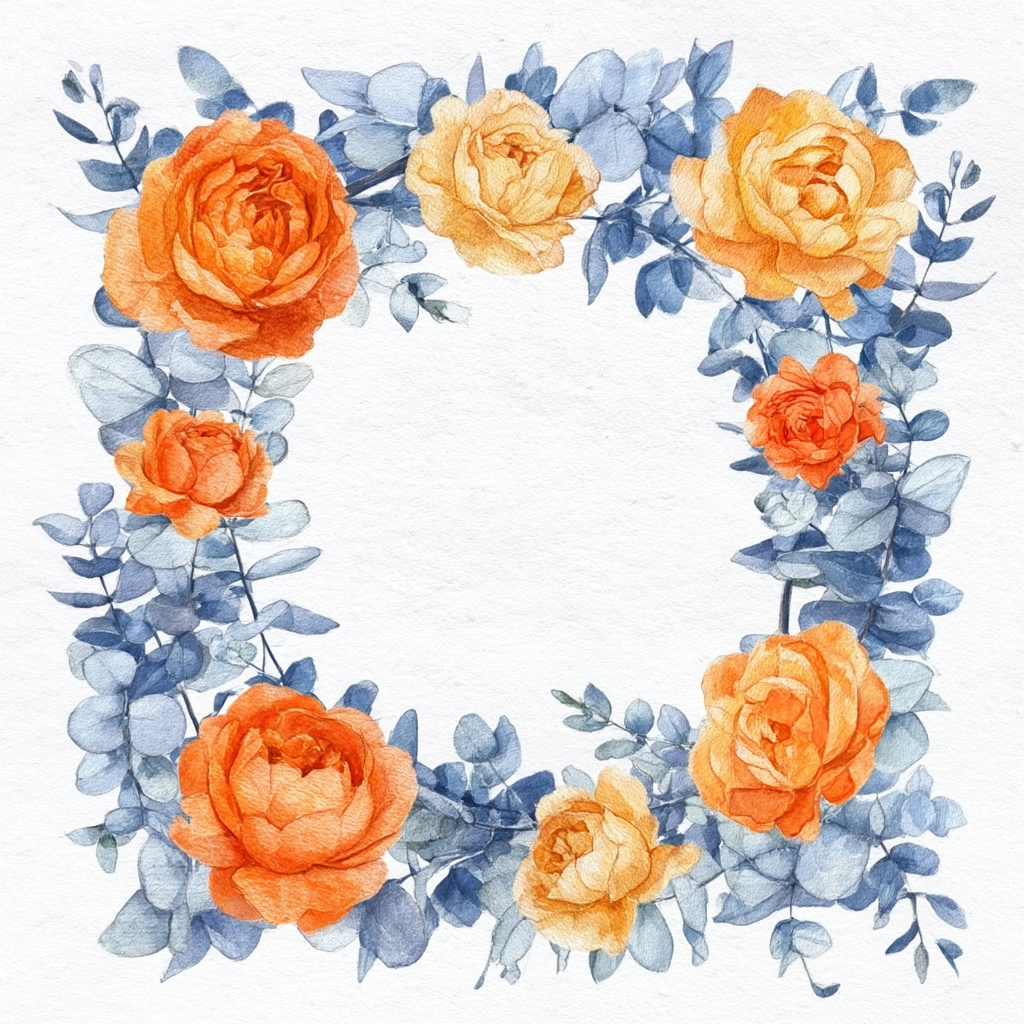 A stunning square floral frame composition with bright orange and gold garden roses in full bloom. T