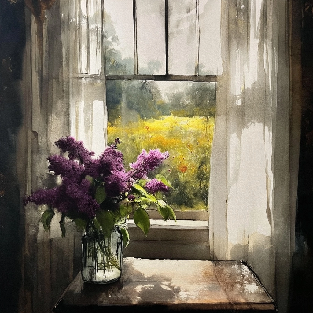 A sunlit field of wildflowers is seen through a window framed by sheer curtains. A glass vase with v