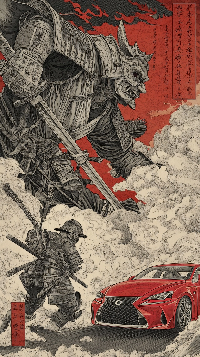 Japanese woodblock print of a evil, angry samurai from the profile ready to fight a raised katana wi