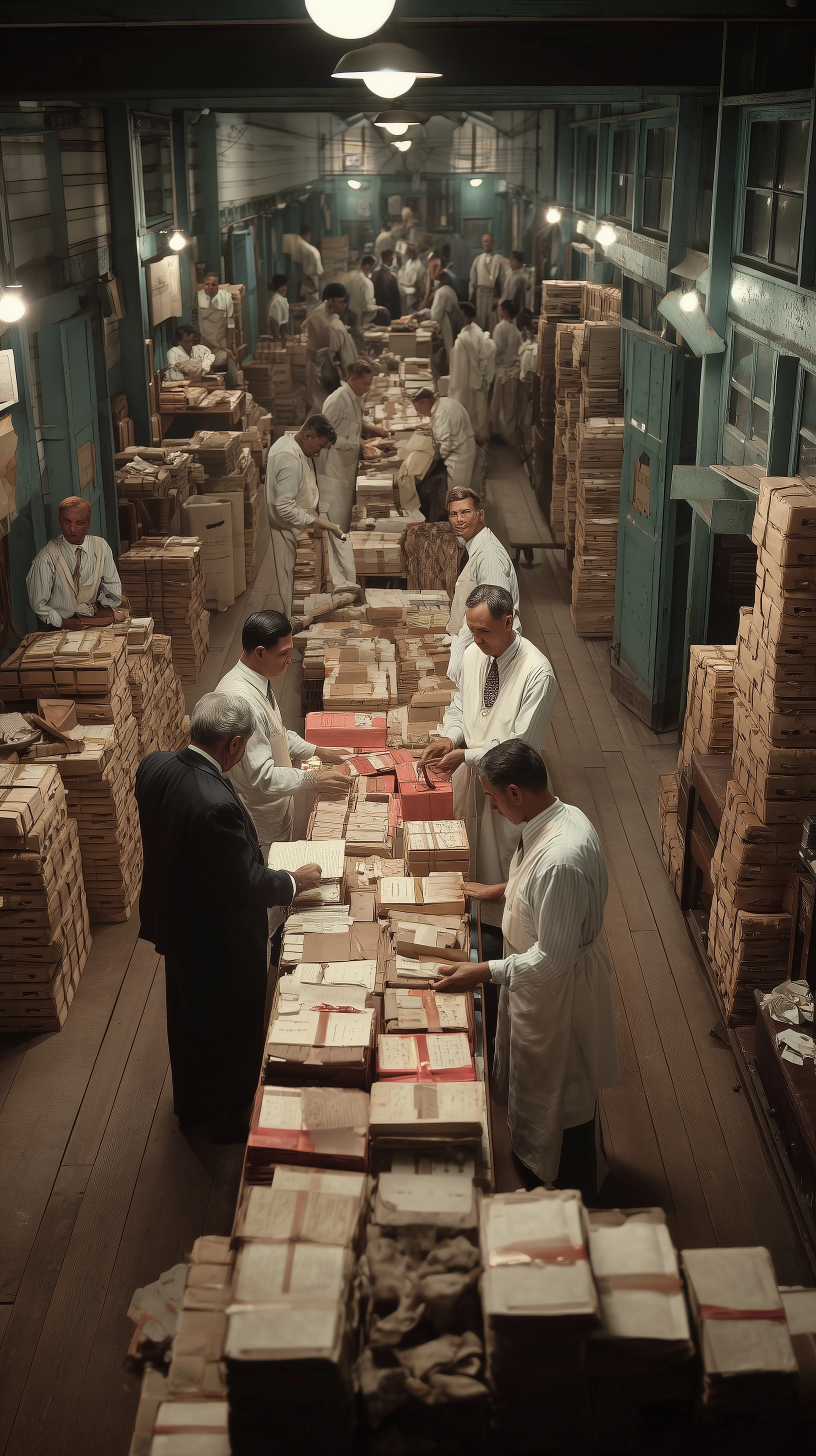 A symbolic administrative montage image inside one room in 1947, military crates, railway ledgers