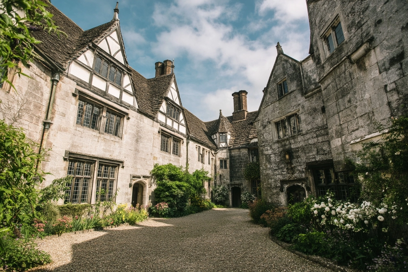 A courtyard of a english manor. Realism. Tudor flair. Photograph.