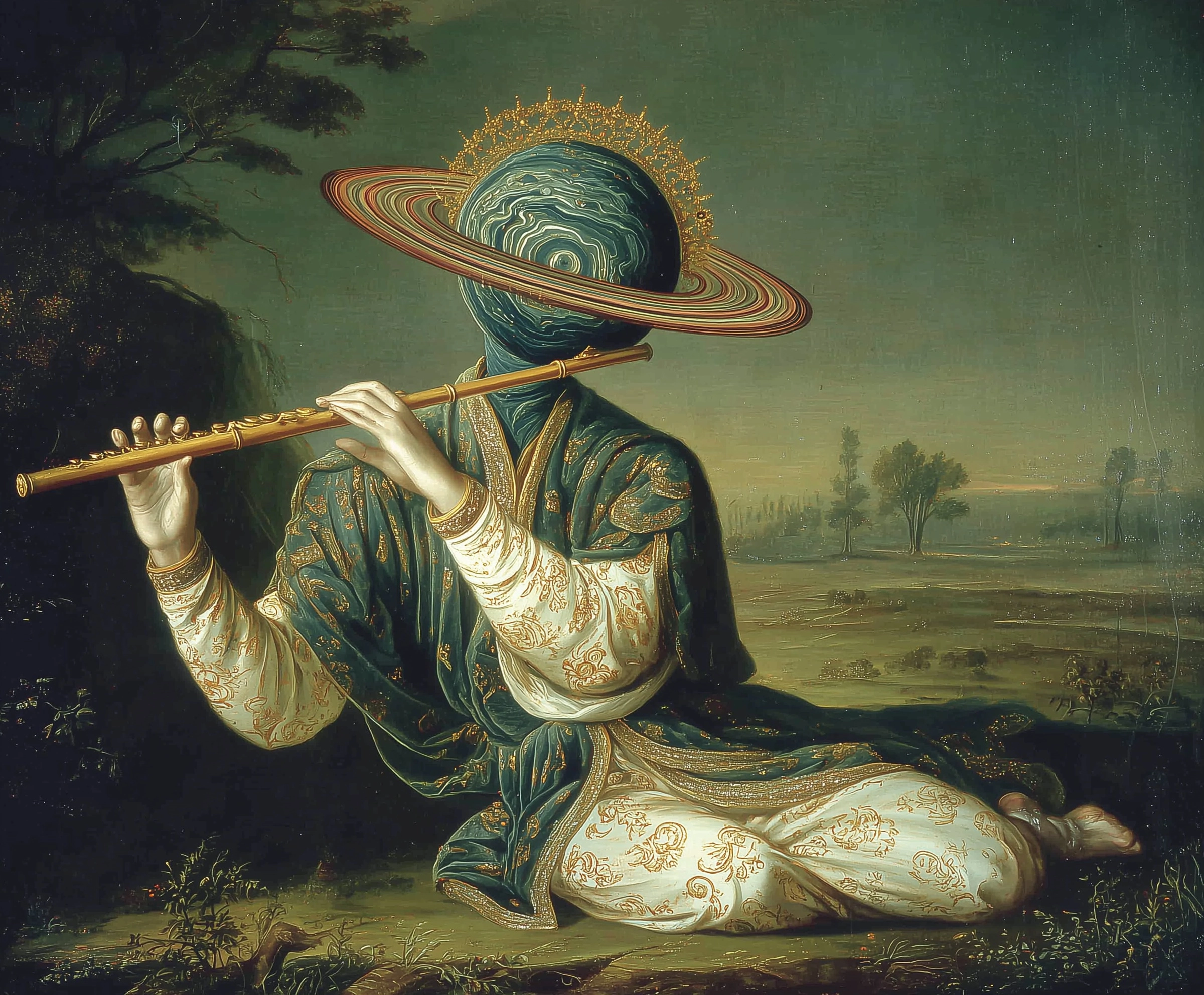 A surreal full-body humanoid creature with a planet as its head
