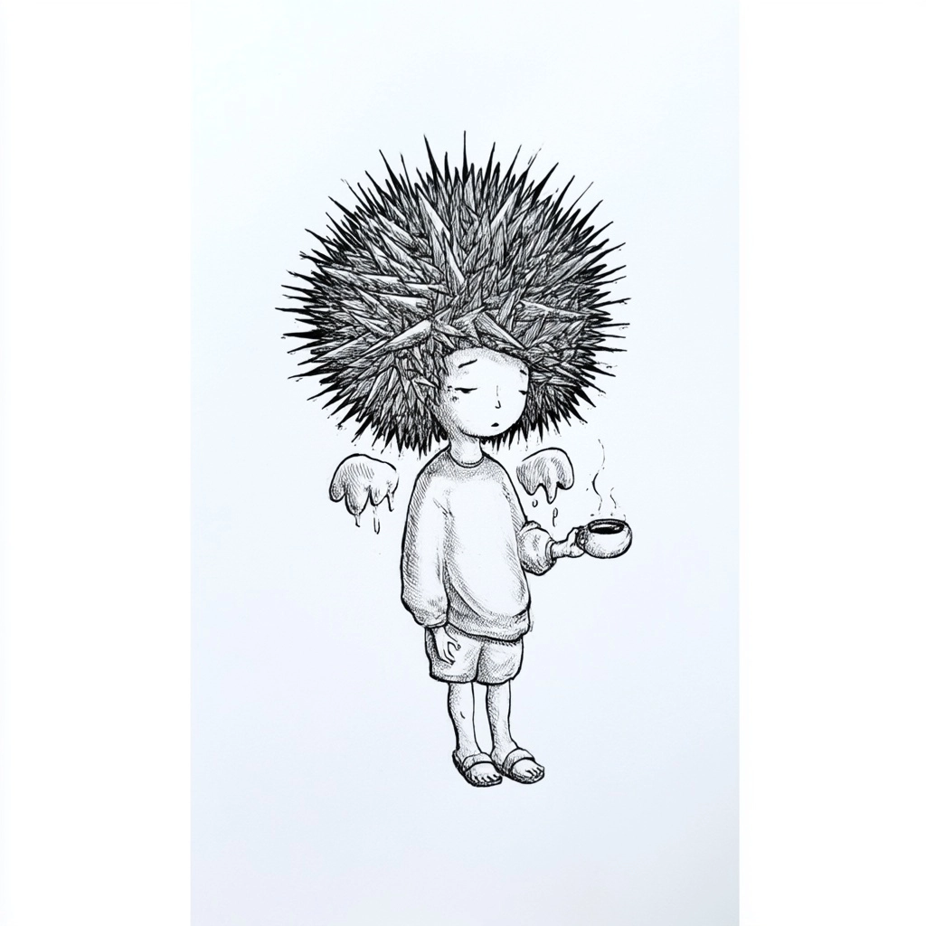 A surreal hand-drawn ink illustration of a small character with a large spiky, sun-like head