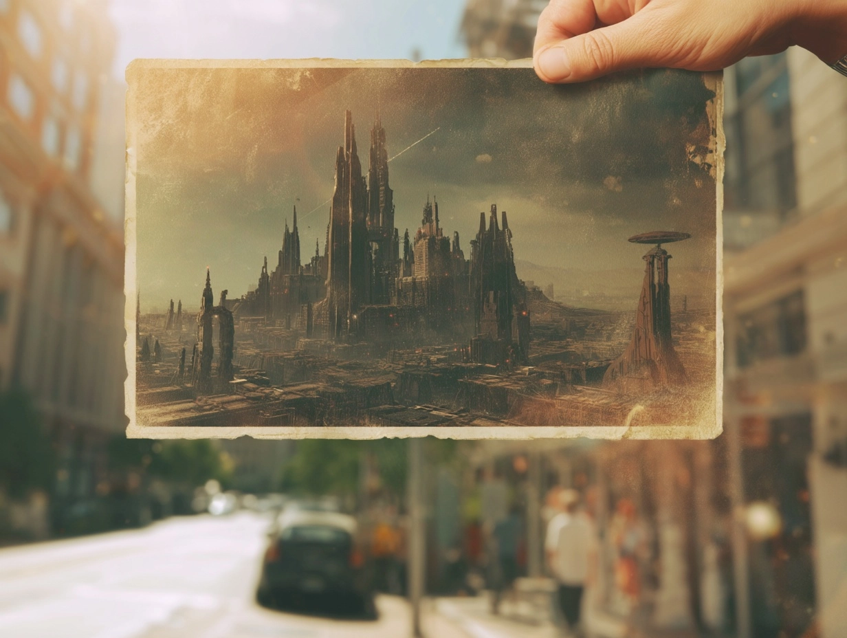 A surreal scene where an old photograph of a futuristic city appears more aged than the real world a