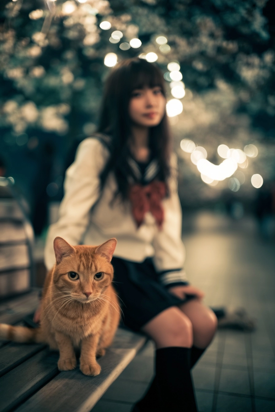 At night, taken with Leica, a cat is sitting on a bench with a Japanese high school girl with calm f