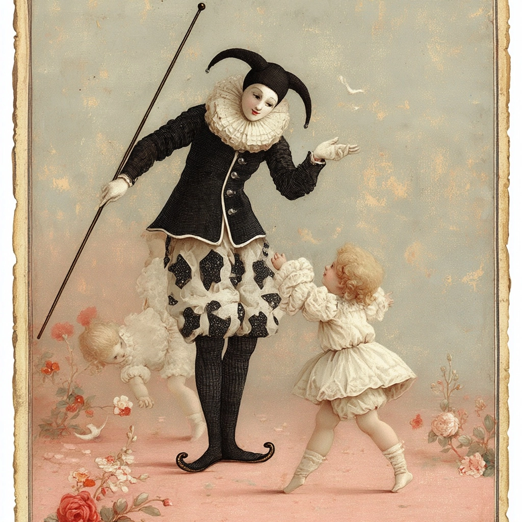 A vintage illustration of the traditional french pierrot with a black and white outfit. they have th