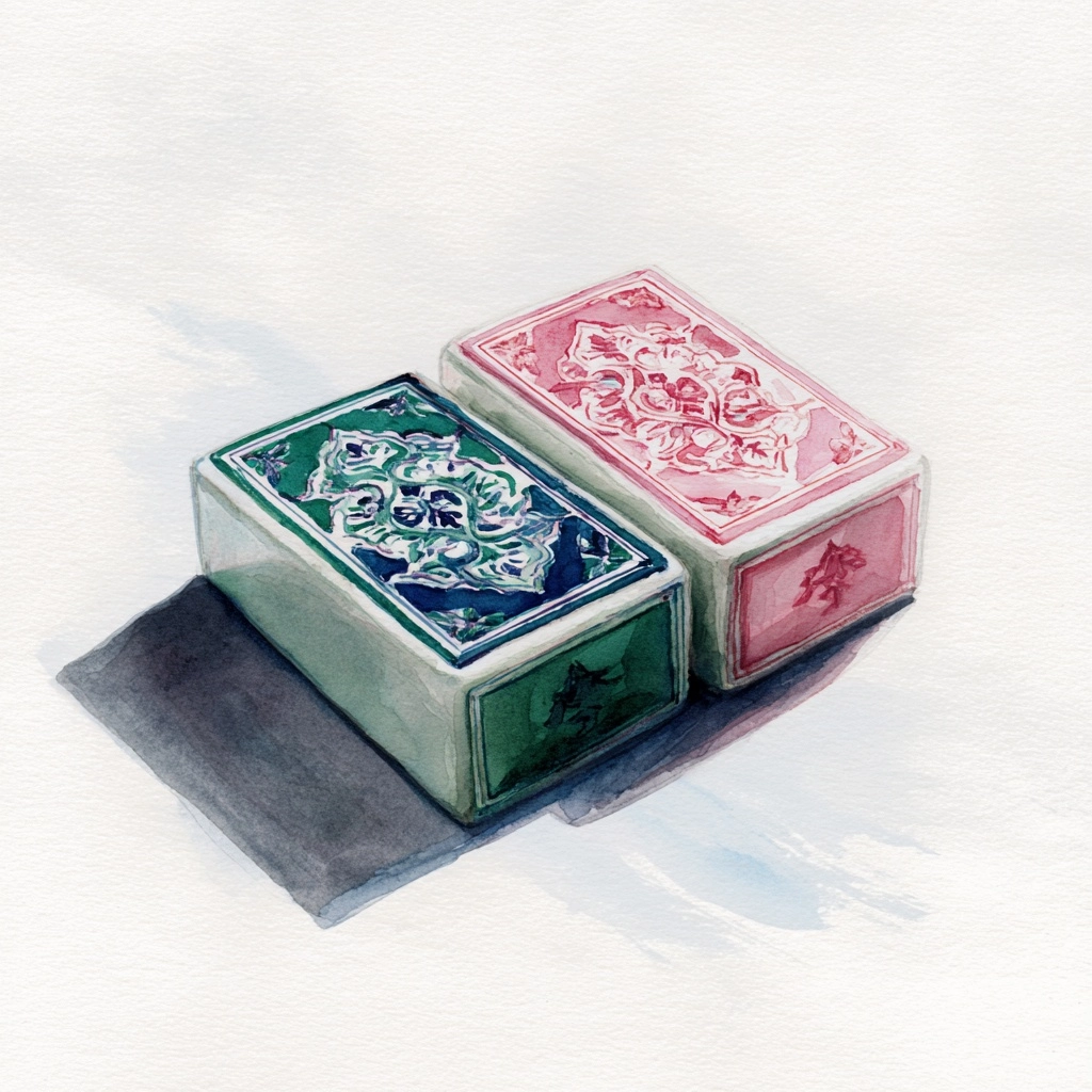 A watercolor drawing of two mahjong tiles lying flat on a table but instead of traditional red and g