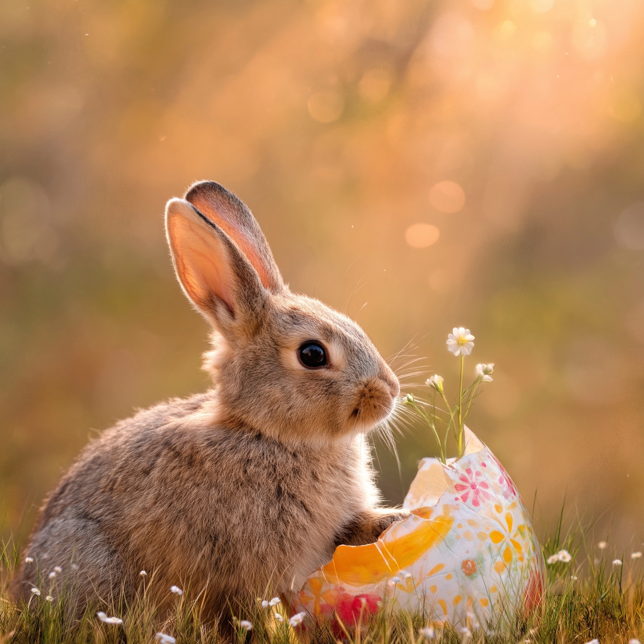 A whimsical yet refined Easter scene with a rabbit gently touching a large decorated cracked egg