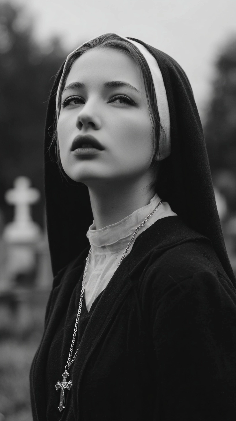 Photography of a nun, a very beautiful young woman, looking into the distance, dreaming