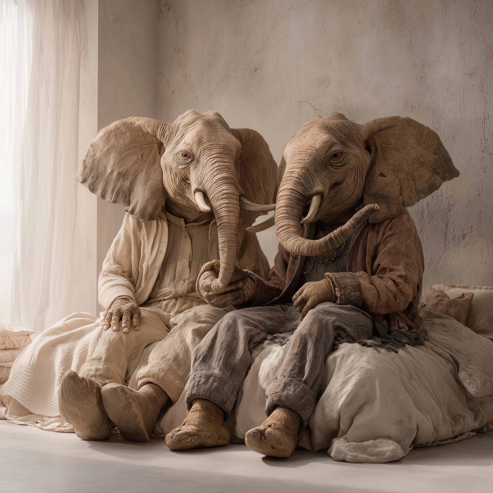 A hyper realistic anthropomorphic elephant couple with human bodies and elephant heads