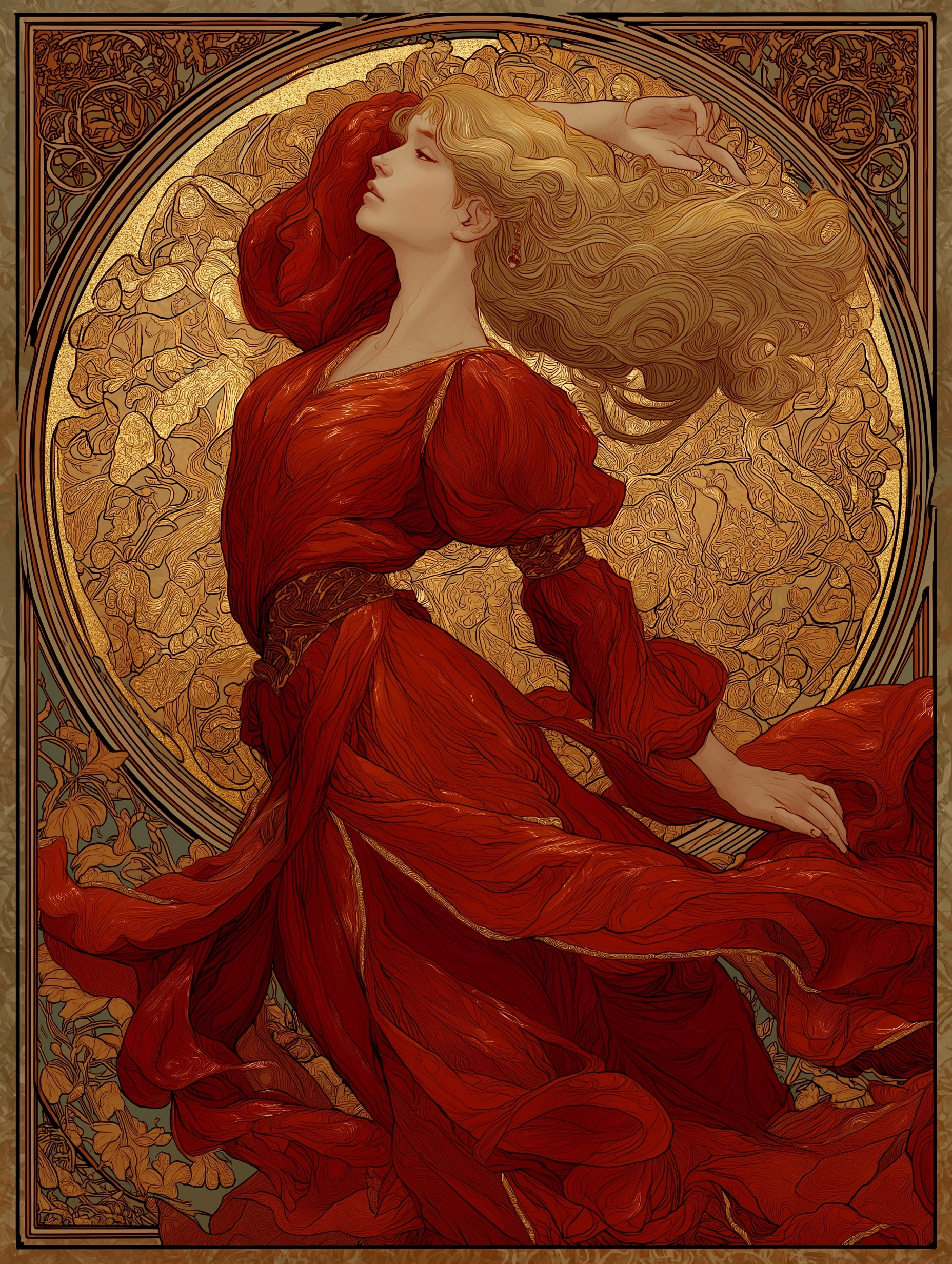 Painting in the style of mucha, a beautiful woman in a red flowing gown, full-body portrait