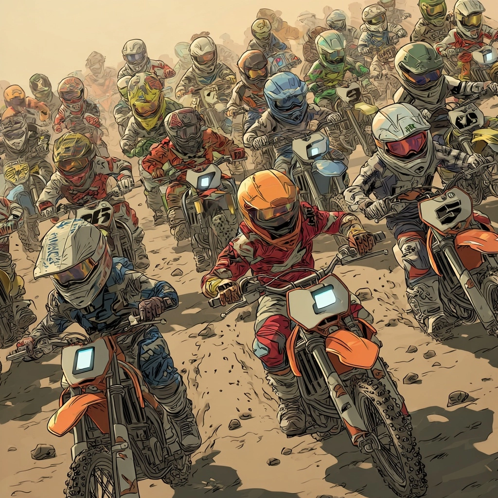A multitude of little motocross guys playing a mobile game on their iPhones