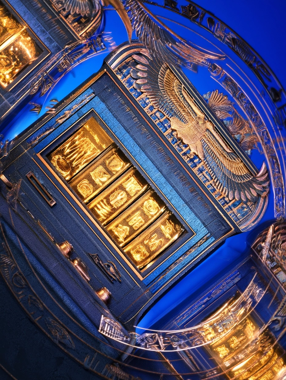 Dynamic foreground of ancient Egyptian-themed slot machines, glowing gold symbols