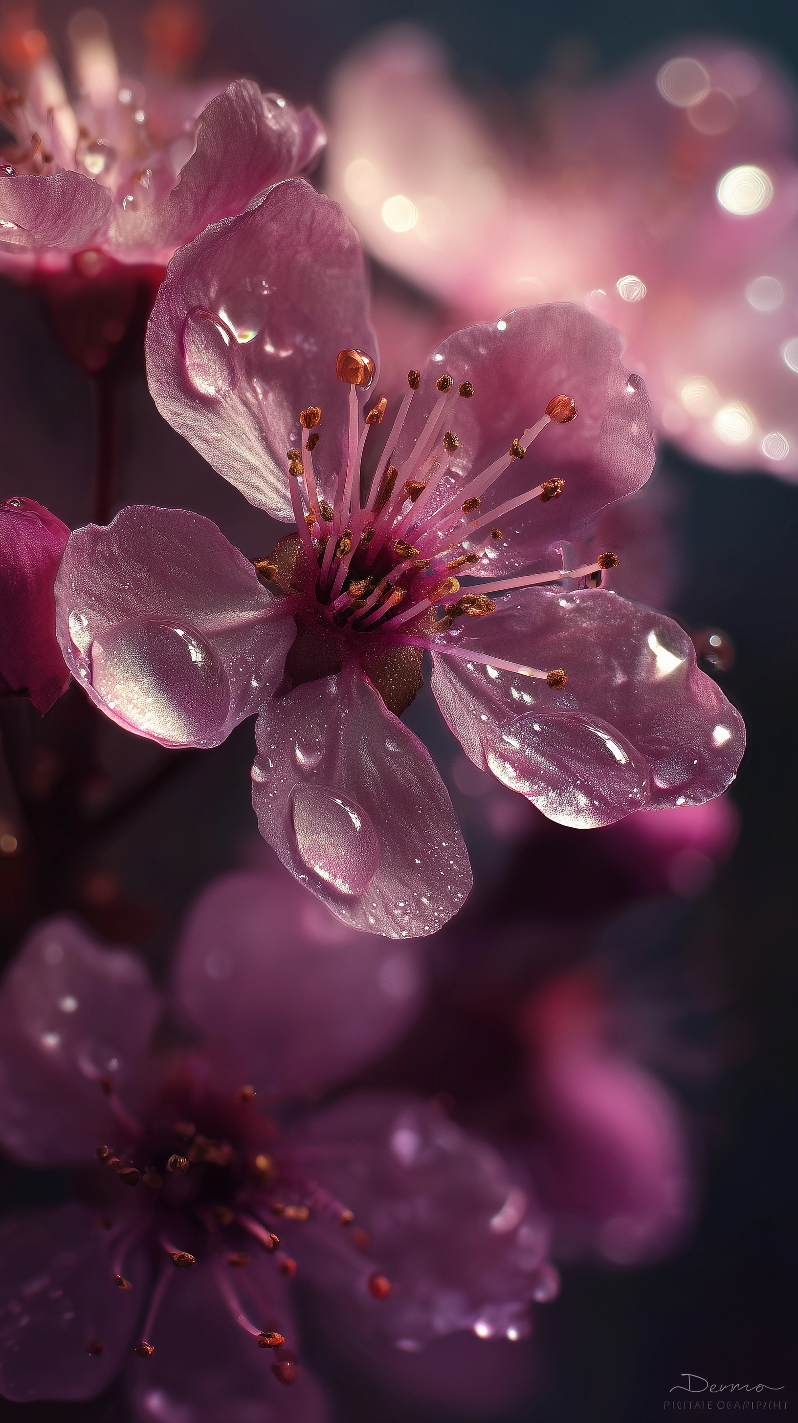 Macro photo prunus of cerasifera "nigra" blossoms, extreme close-up, luminous petals