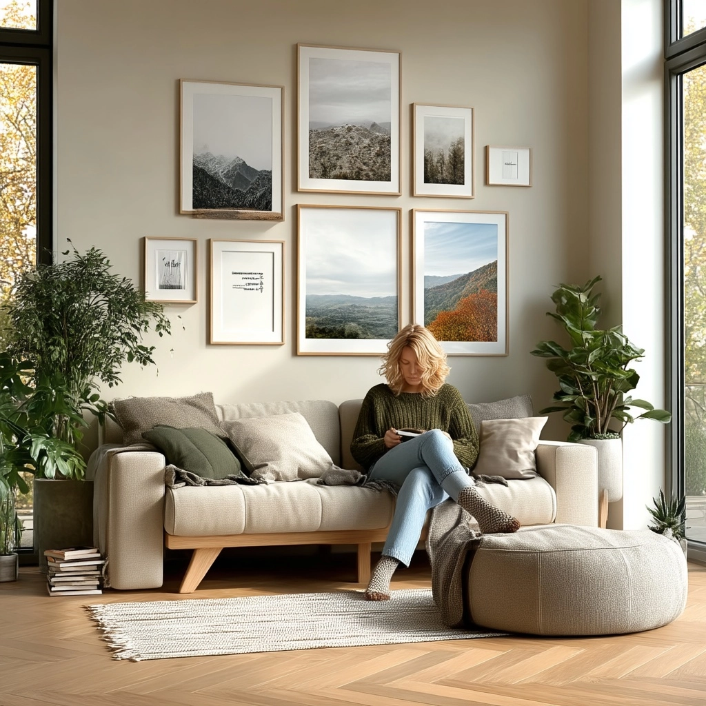 Ultra photorealistic living room, straight-on front-facing view of a gallery wall