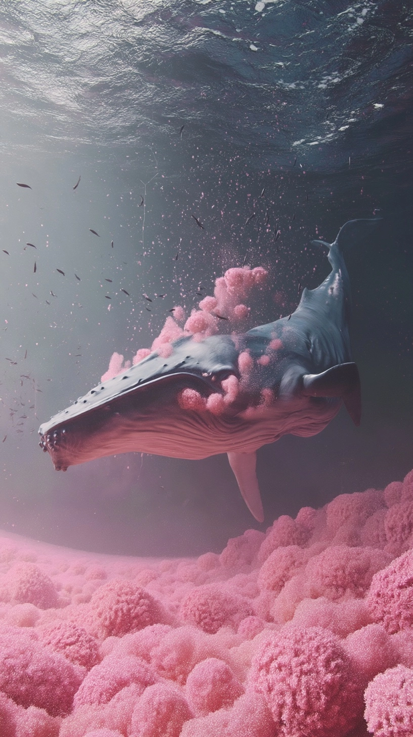 With a deep depth of field, a massive whale swims through a pink seabed. The water’s surface ripples
