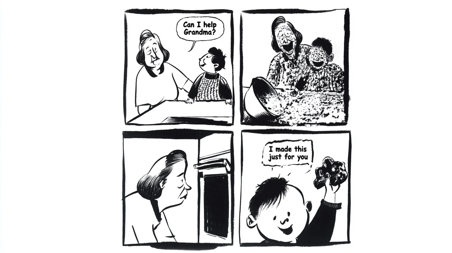 A 4-panel square format comic strip with thick outlines. Upper left panel: an elderly woman and a sm