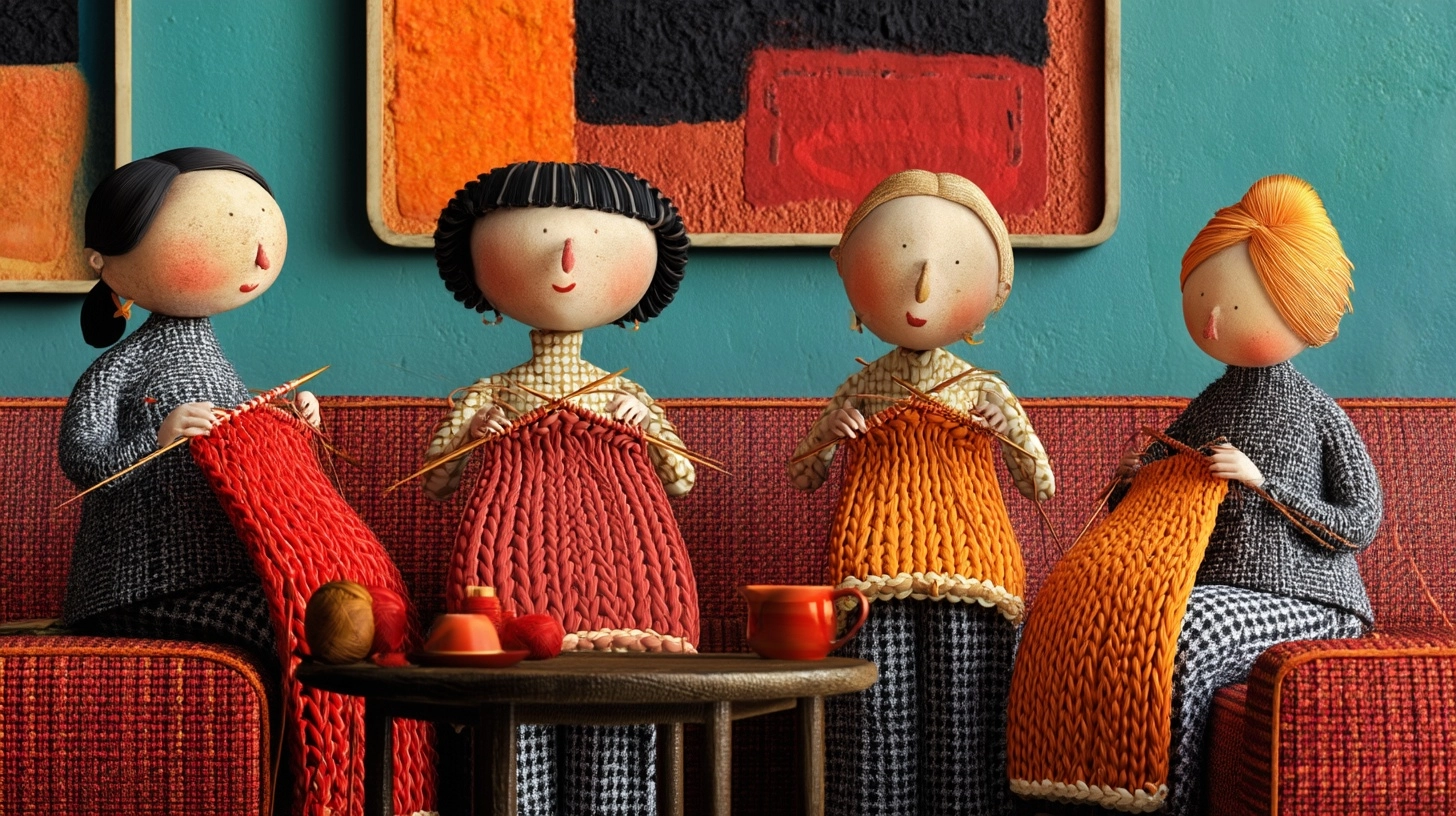 Four women in the living room knitting sweaters. They hold knitting needles in their hands and knit