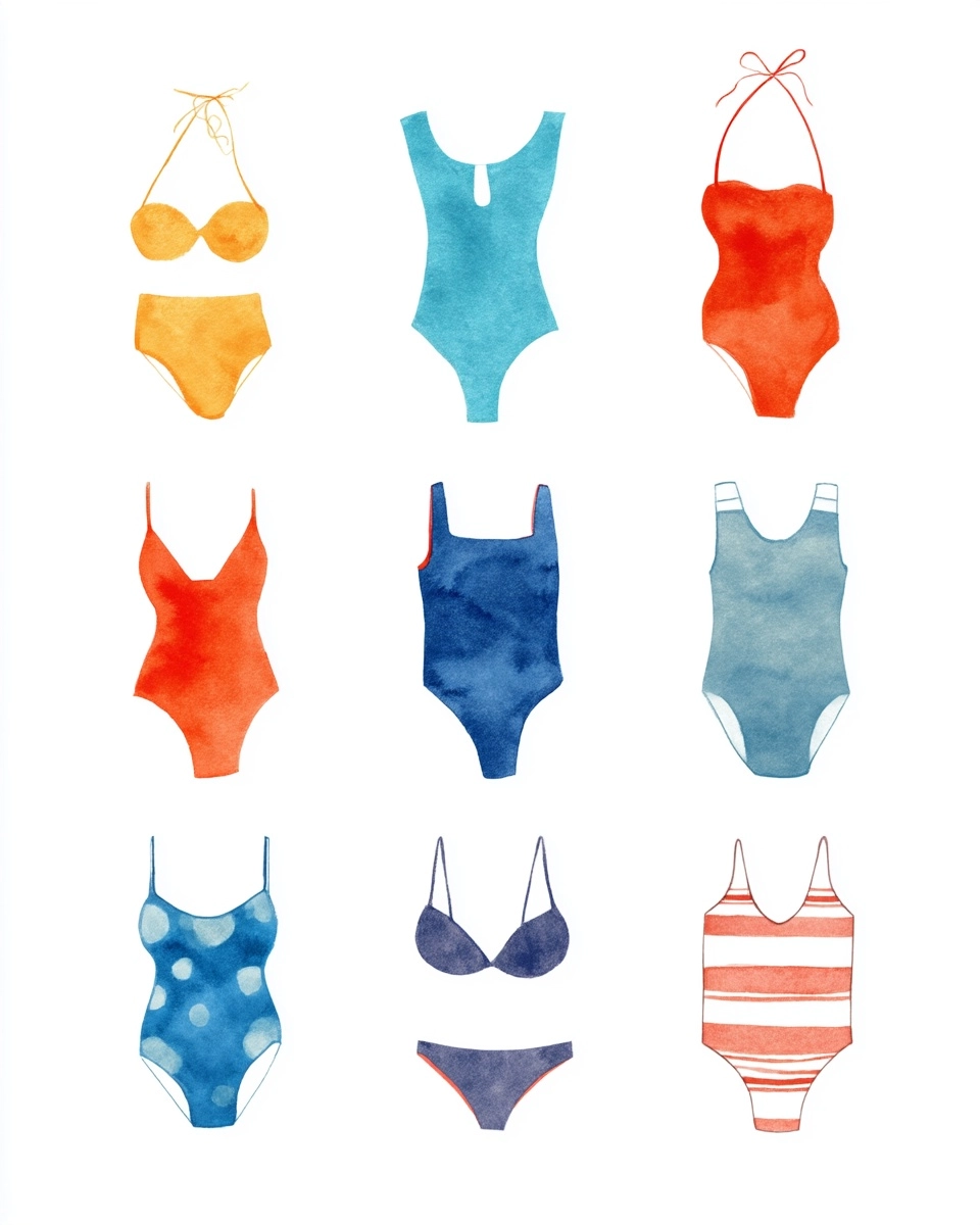 Watercolor, simple flat illustration, swimsuits in the style of maira kalman, white background.