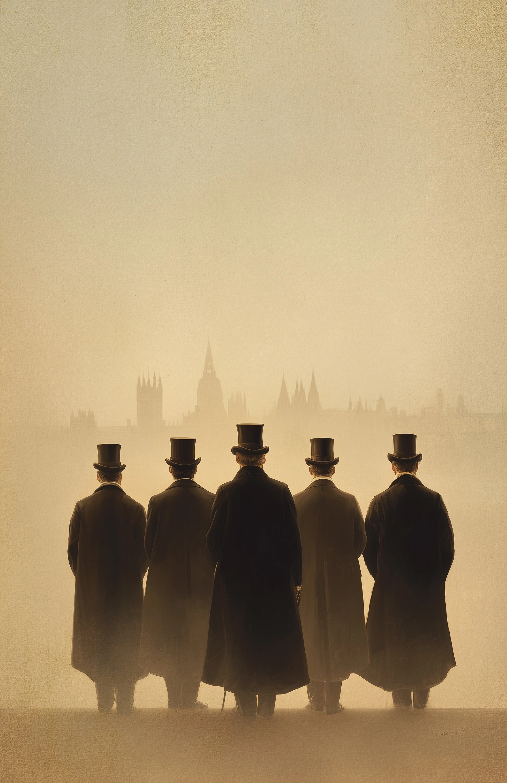 Five elegant male silhouettes in top hats and frock coats standing side by side, seen from behind