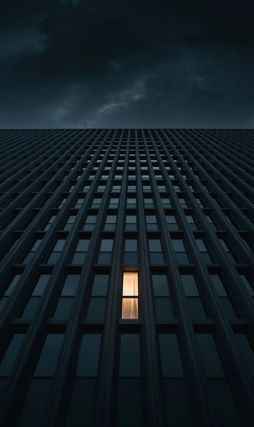 A massive, dark apartment building facade made of brutalist concrete, under a cloudy