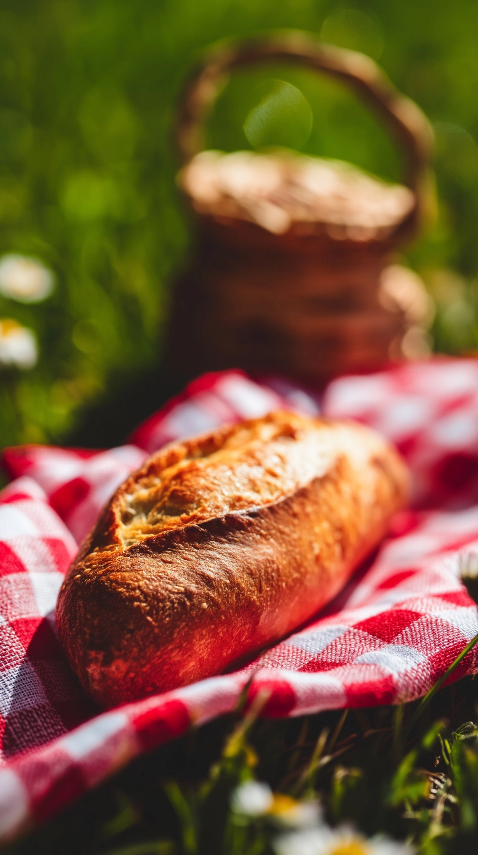 A macro photograph. A fresh crusty French pastry bread is perfectly centered