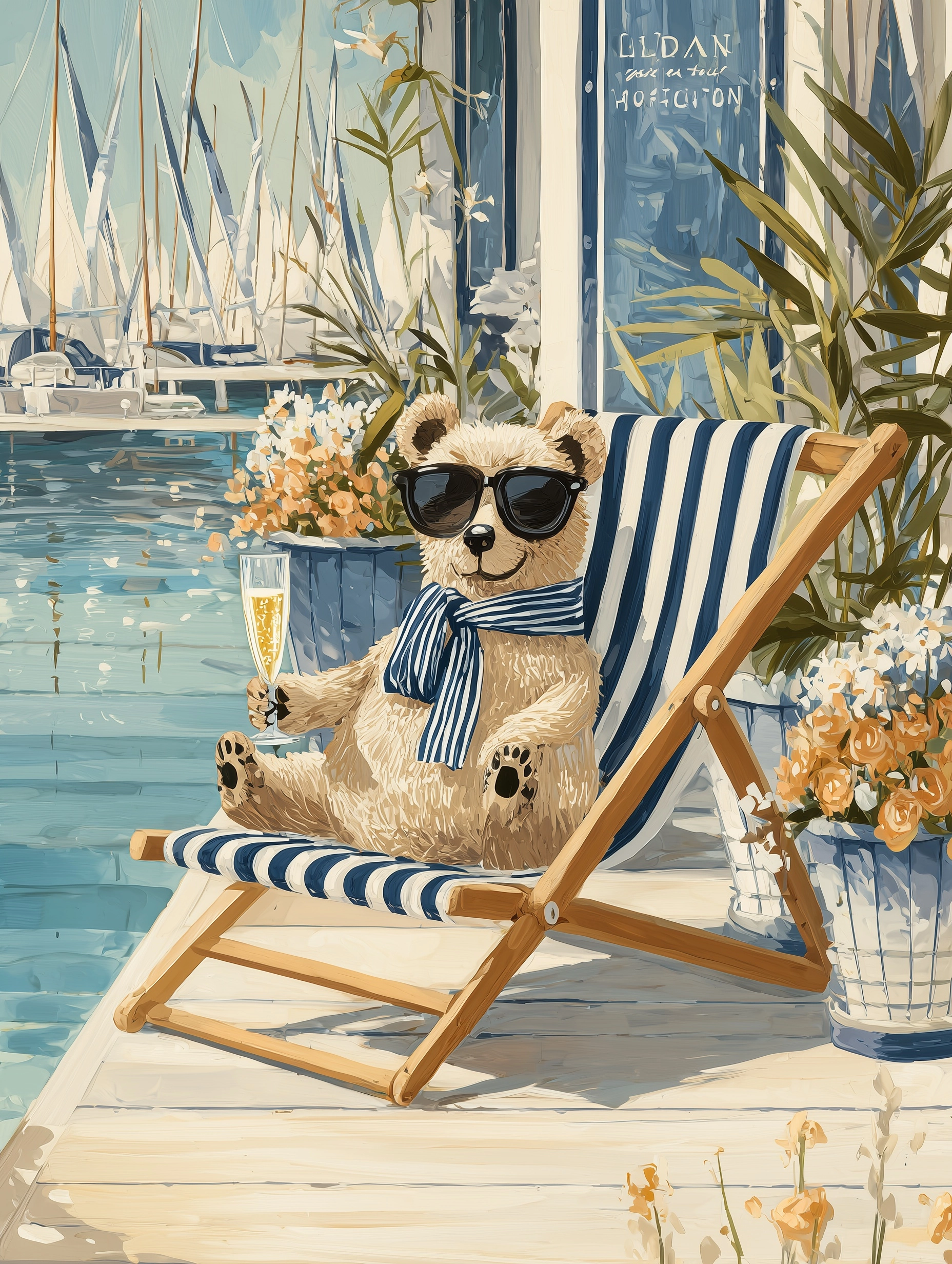 A charming bear lounging at an elegant vintage yacht club