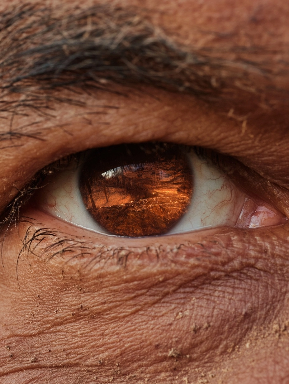 Extreme close-up of a geologist's eye filling the entire frame, dust on skin, sun-worn face
