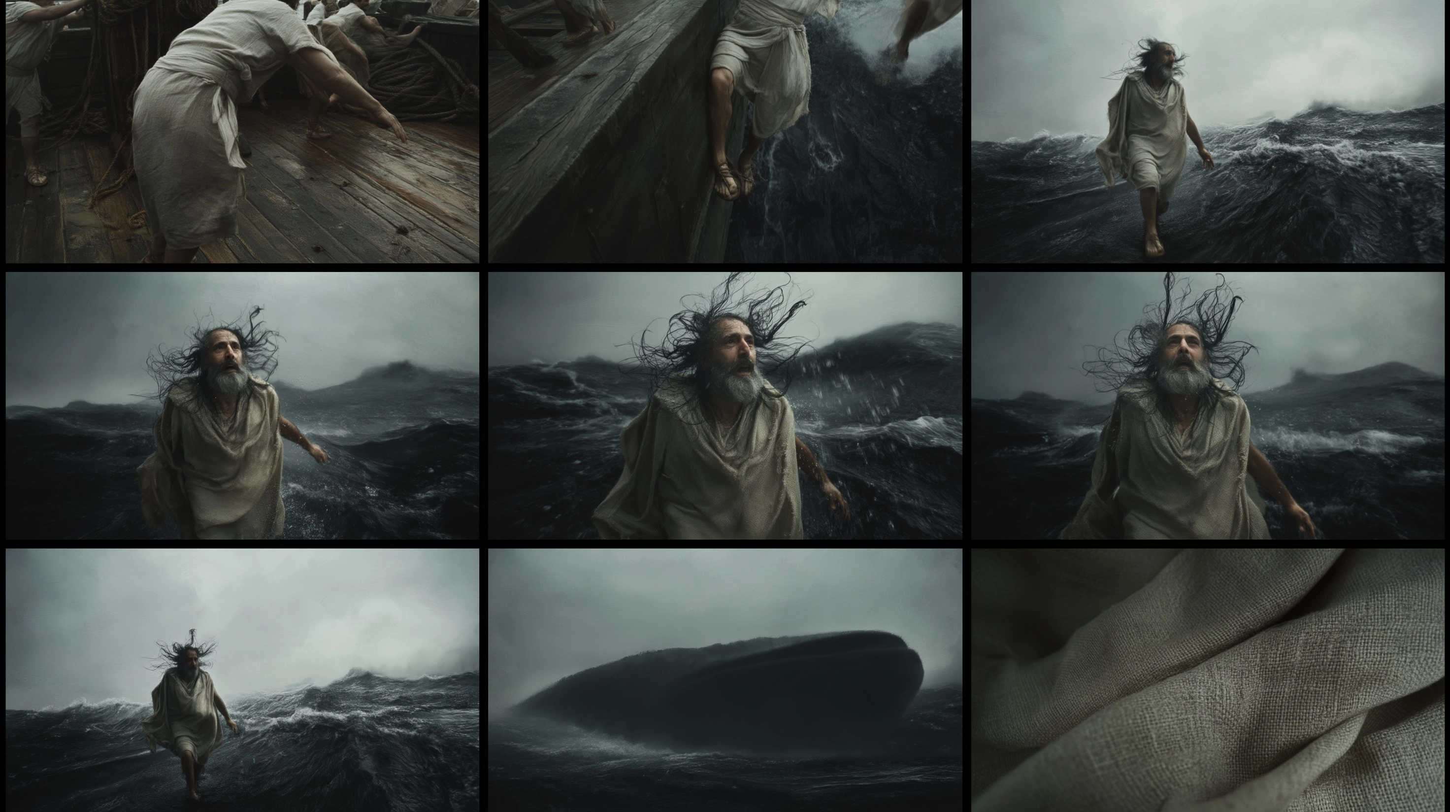 Create a contact sheet of nine different angles of A Hebrew prophet standing on the deck of an ancie