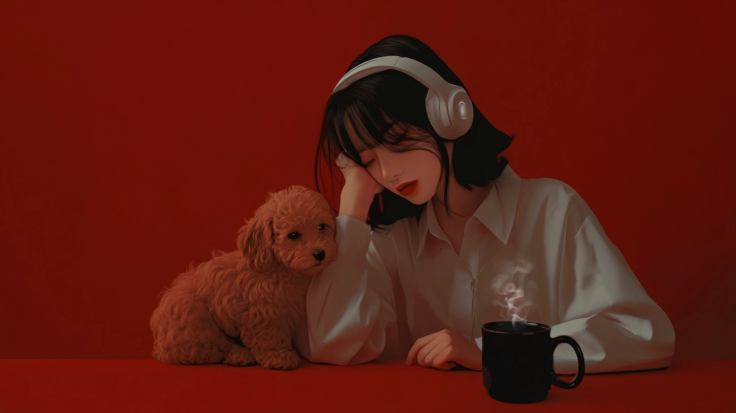 A tired, contemplative young Asian woman, wearing a white button-up shirt and white headphones