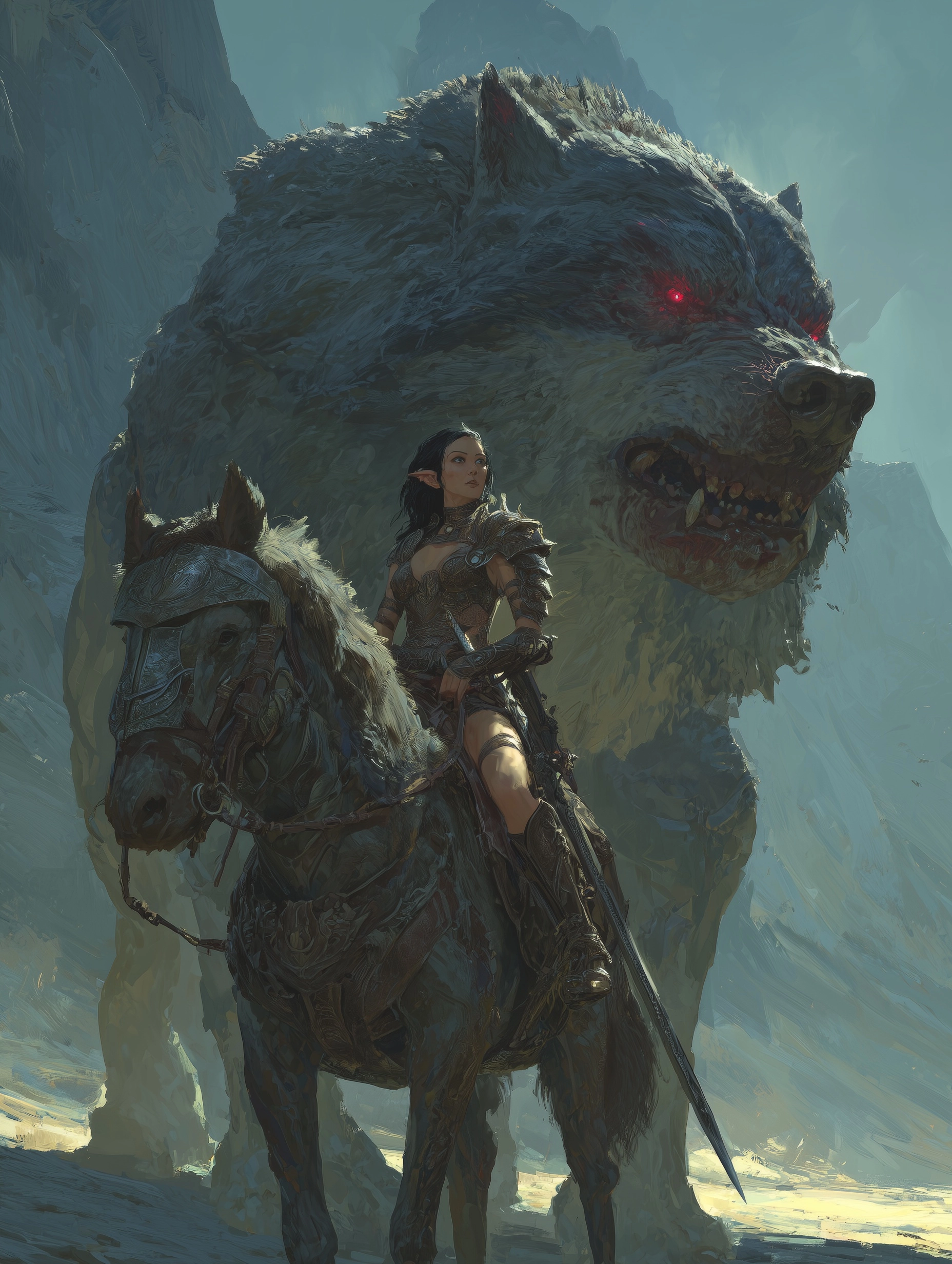 A giant wolf with glowing eyes and a female elf riding, skimpy armor