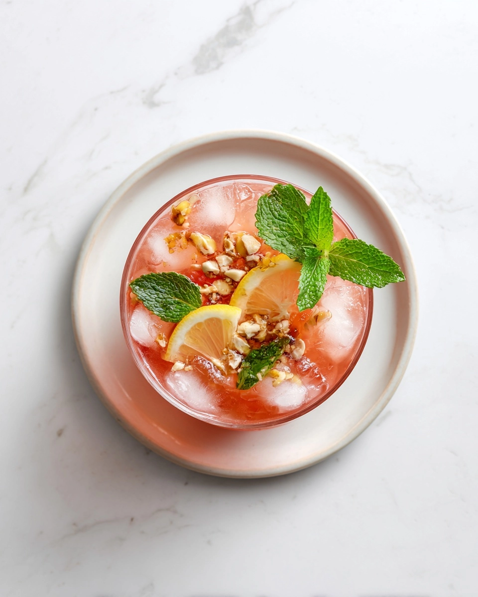 Photorealistic overhead top-down flat lay food photography of homemade Beach Peach Lemonade