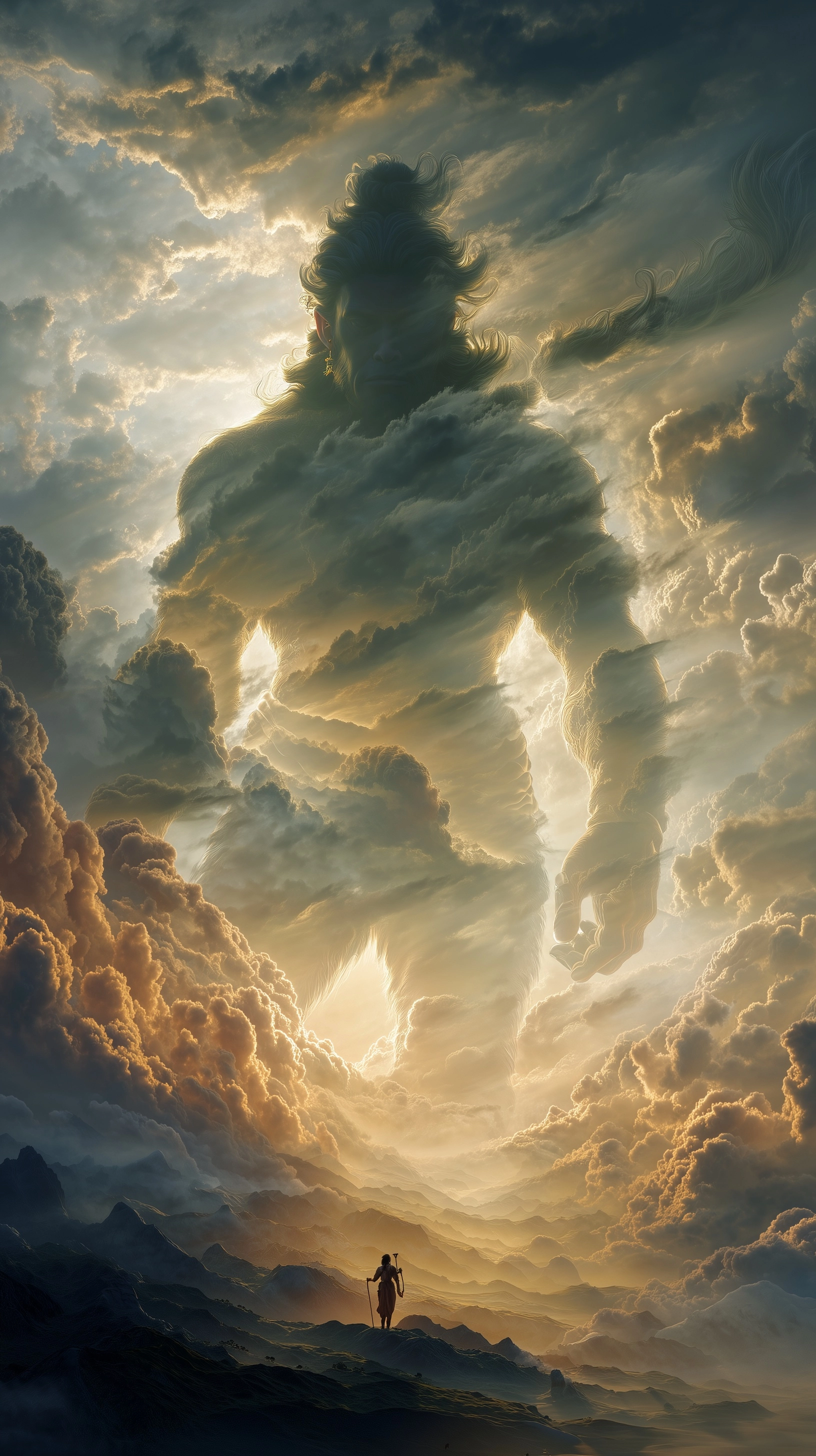 Aesthetic symbolic depiction of Lord Hanuman as a colossal living sky his entire form made of layere