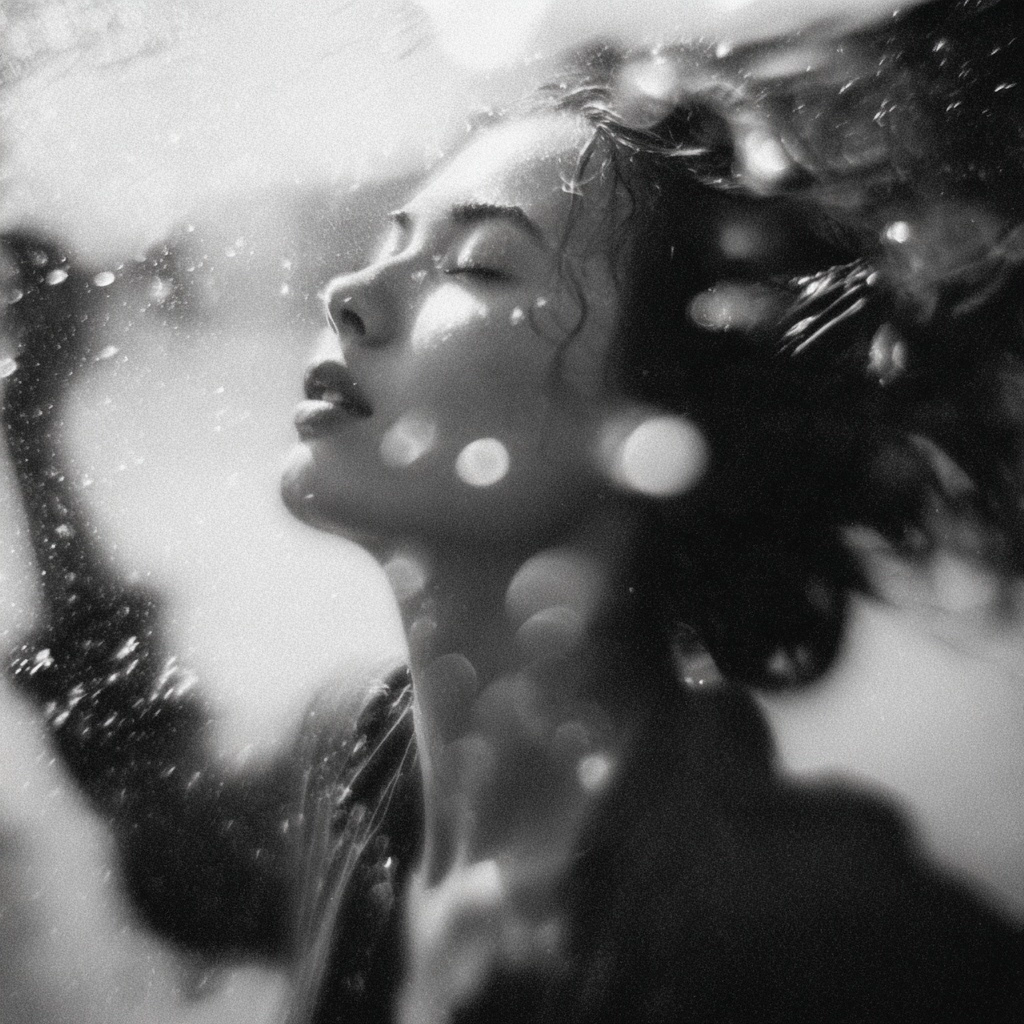 Black and white photograph of a woman raising her head out of water, grainy, blurry