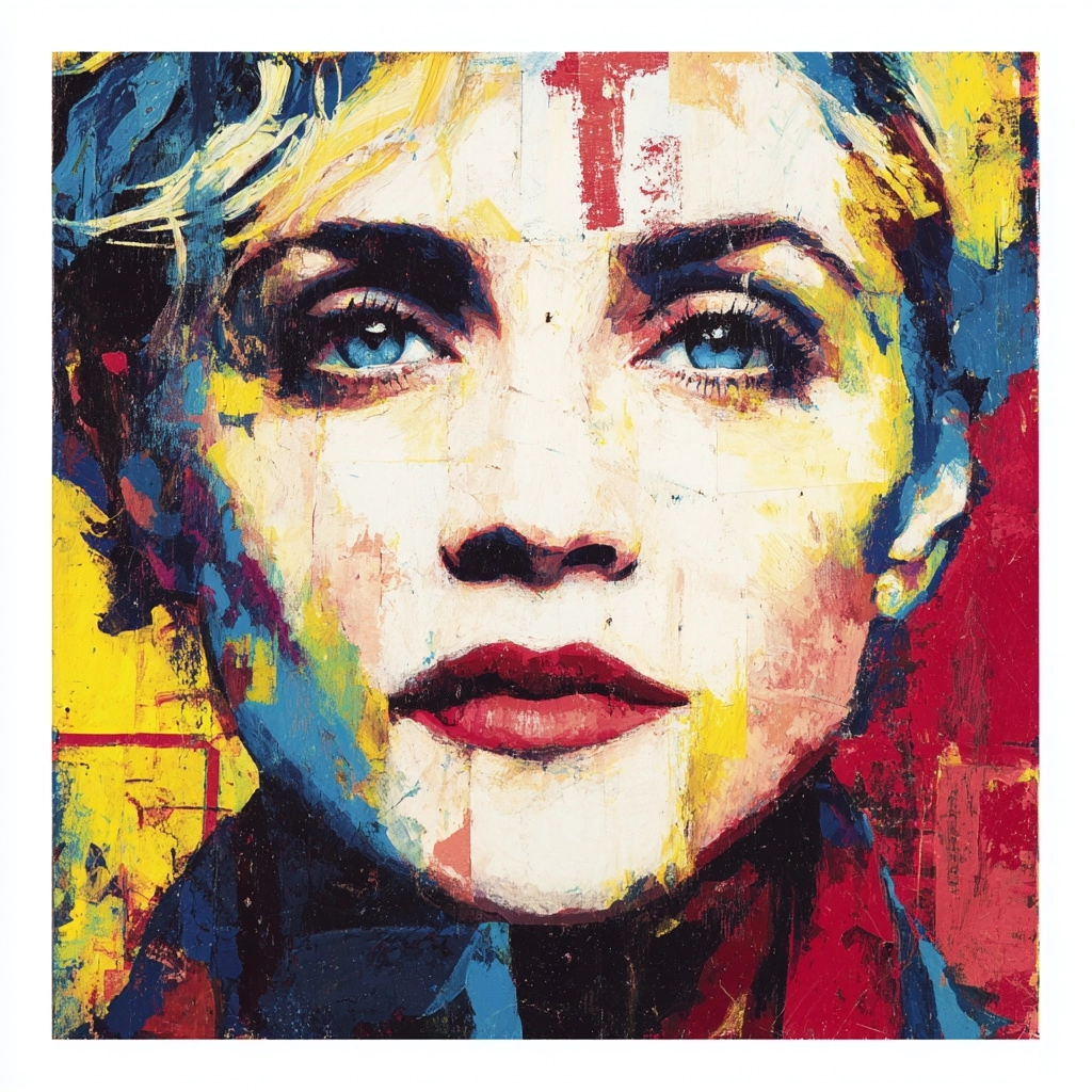 A pop art modern portrait of Madonna painted in acrylic paint, using thick brush strokes