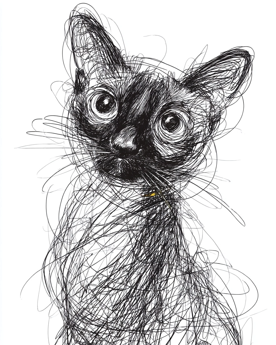 Abstract line drawing of a tortoiseshell point Siamese cat, medium short-haired breed