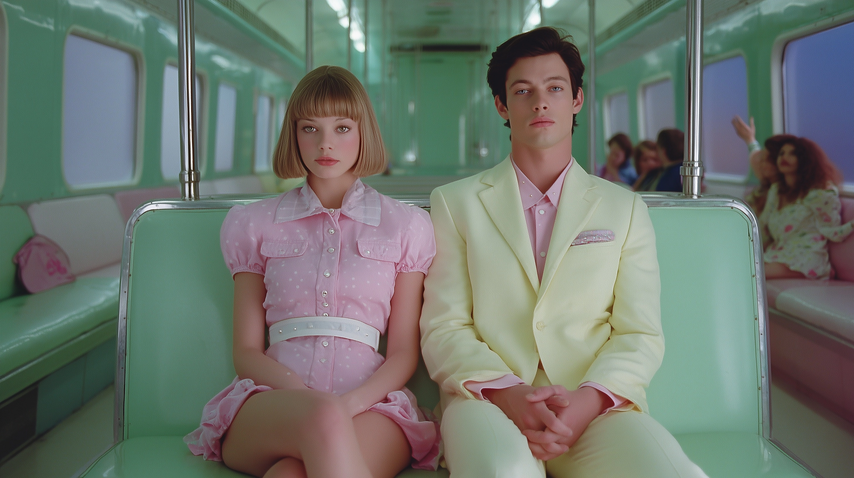 Cinematic shot, Wes Anderson style, two people sitting far apart on a long pastel mint green vintage