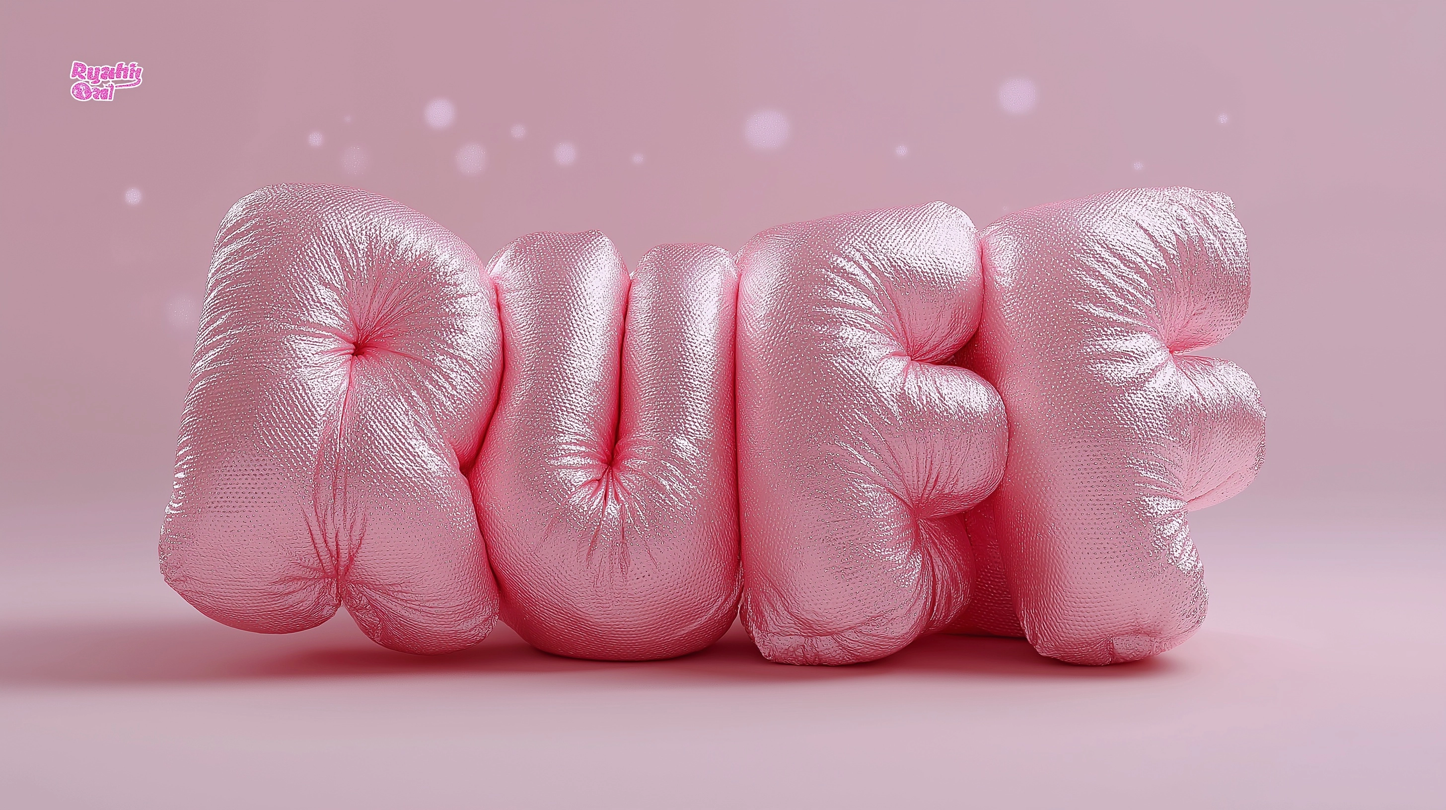 A stylized word "RUFF" made of soft inflated pink leather