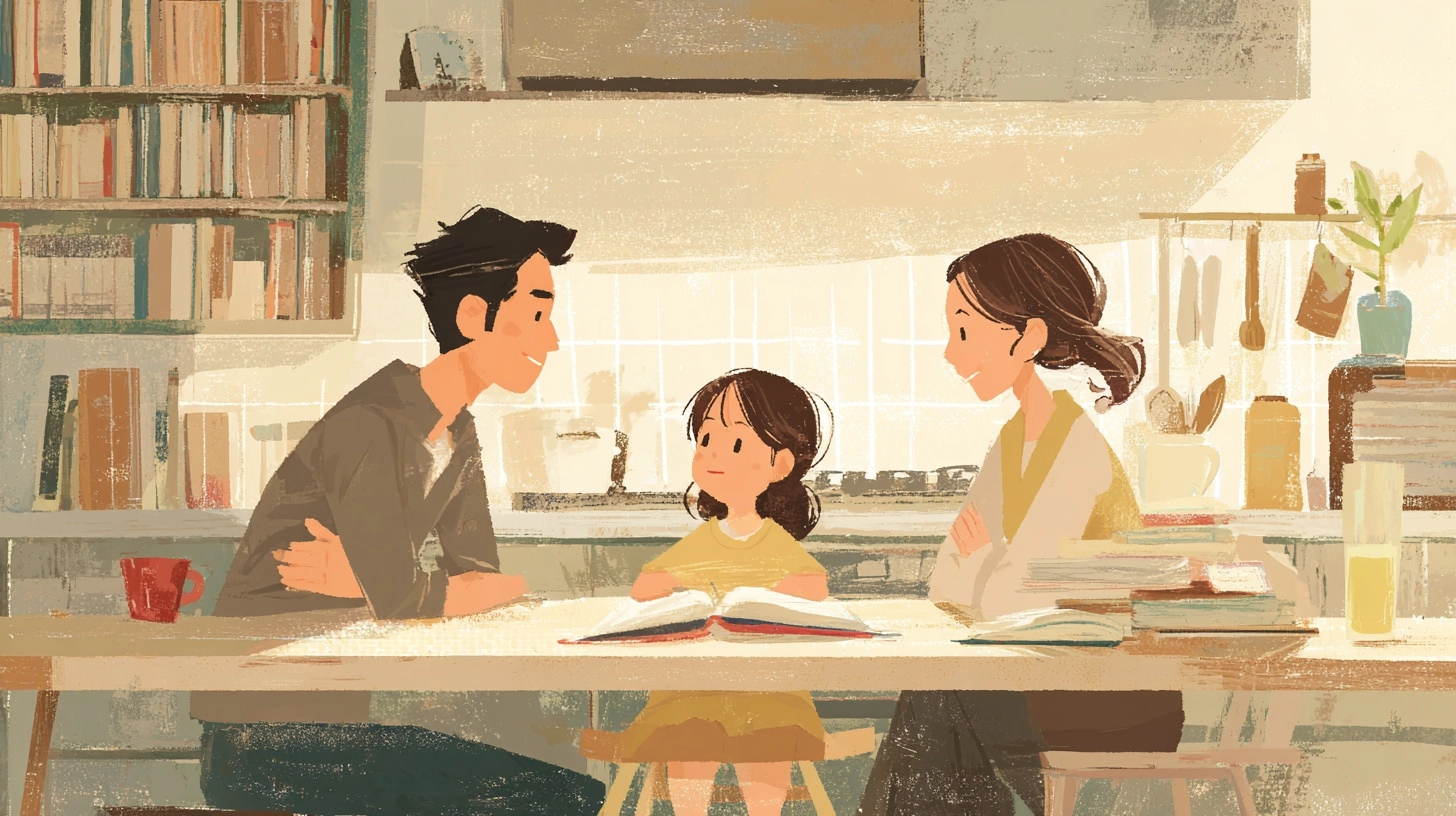 A Japanese family sitting together at a kitchen table, parent speaking warmly to a child
