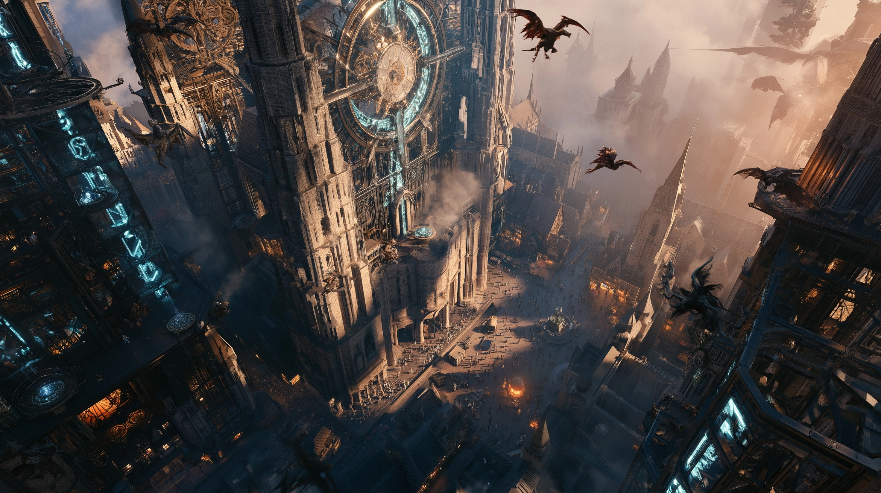Medieval technological city blending ancient stone architecture with advanced machinery