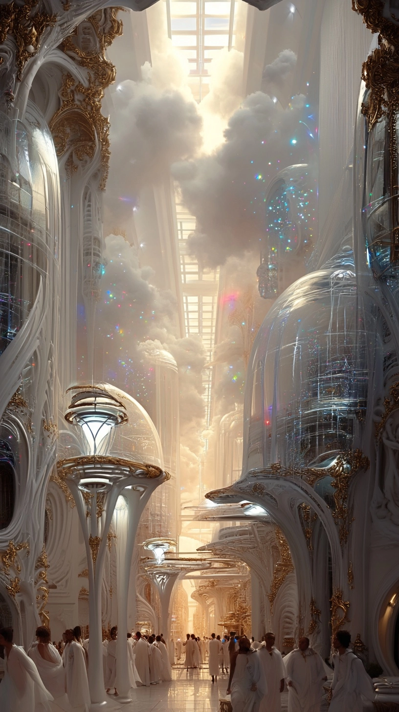 A bustling pedestrian street inside a floating cloud city
