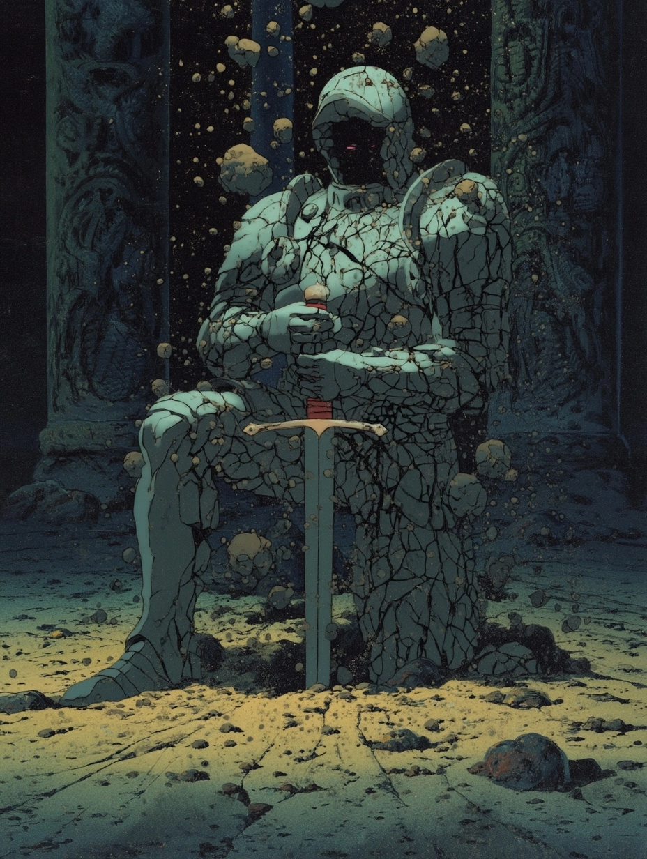 A wounded knight in heavy armor kneeling in an abandoned mountain sanctuary