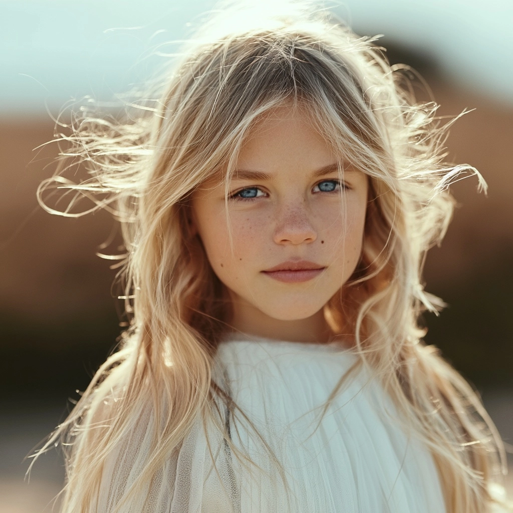 Adorable little girl model with light ash-blonde hair and blue eyes standing outdoors in soft sunlig