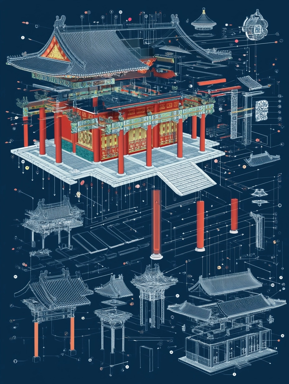 An exploded diagram of a detailed chinese ancient architecture, colored 3D main body